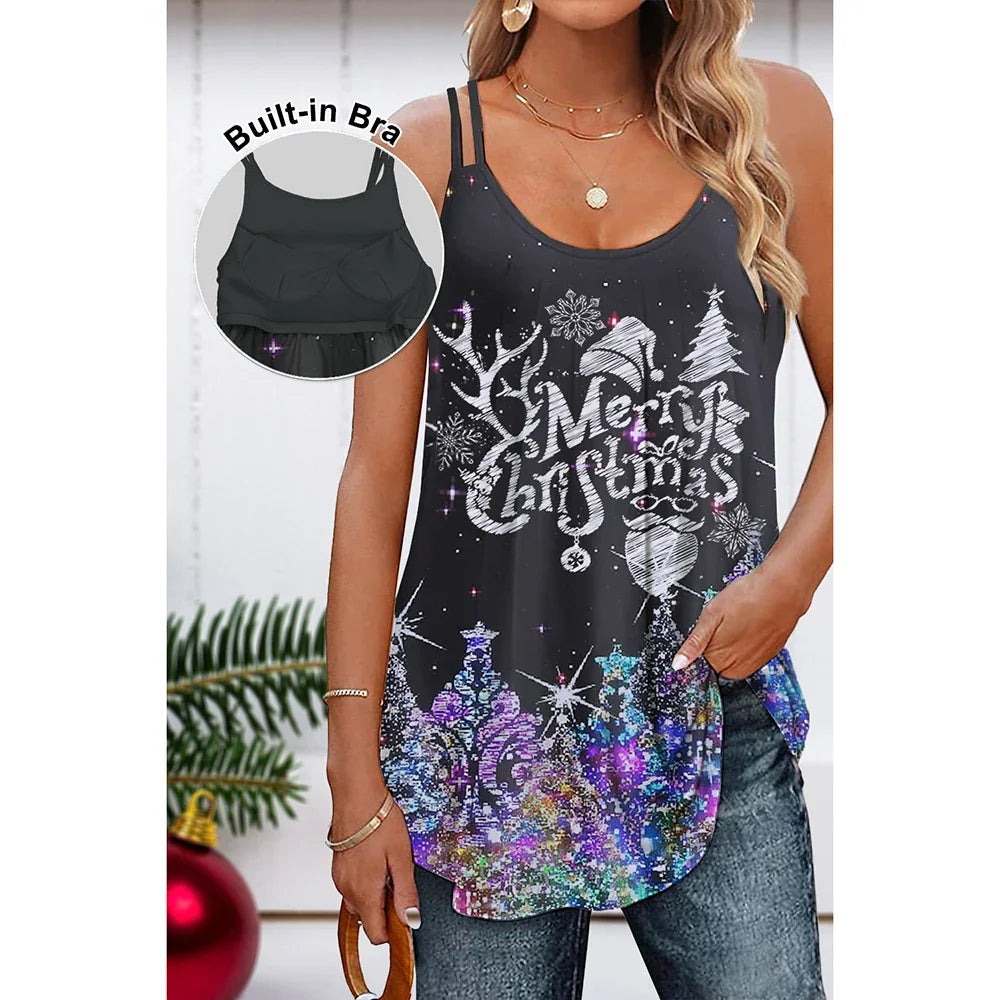Plus Size Christmas Navy Blue Letter Sparkly Christmas Tree Print Cami With Built In Bra Aviola