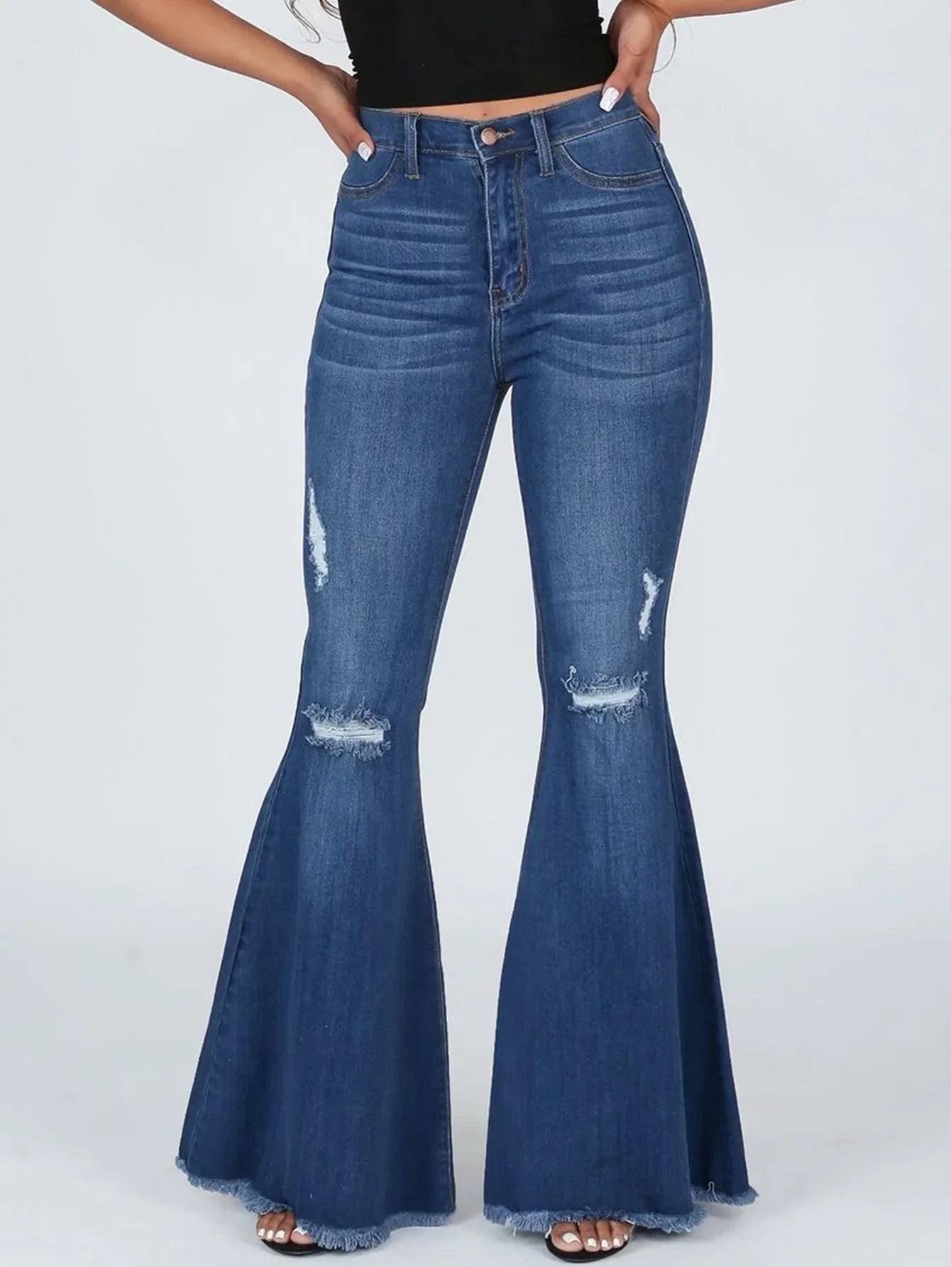 Flare Pants Ripped Jeans for Women Streetwear Mid Waist Stretch Washed Distressed Casual Denim Trousers Hole Boot Cut Mom 2025 Aviola