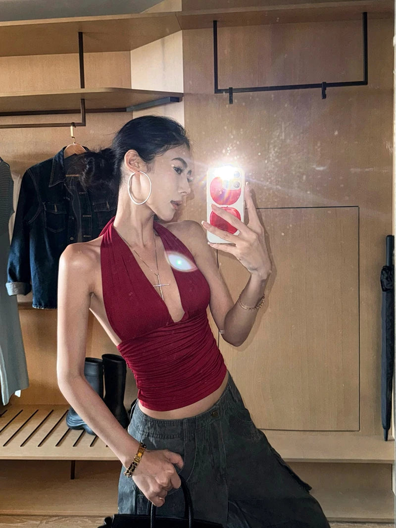 MEXZT Y2K Red Tank Top Women Streetwear Sexy Gyaru Halter Backless Corset Grunge Aesthetic V Neck Camis Summer Coquette Clothes Aviola