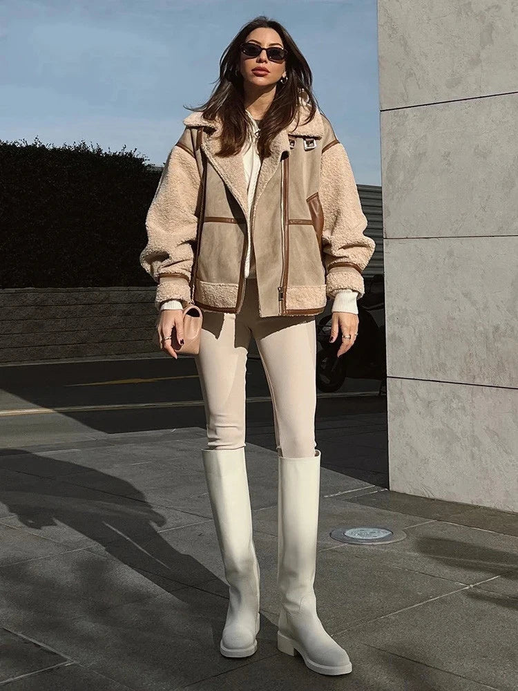 RARF 2025 Autumn Winter Women Warm Faux Fur Fleece Coat Jacket Female Loose Patchwork Thickened Locomotive Lapel Chic Outwear Aviola