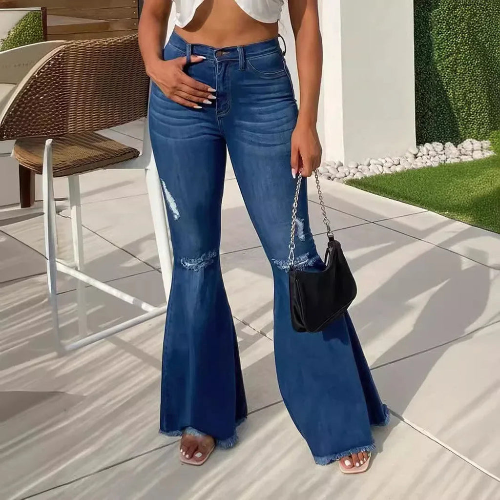 Flare Pants Ripped Jeans for Women Streetwear Mid Waist Stretch Washed Distressed Casual Denim Trousers Hole Boot Cut Mom 2025 Aviola