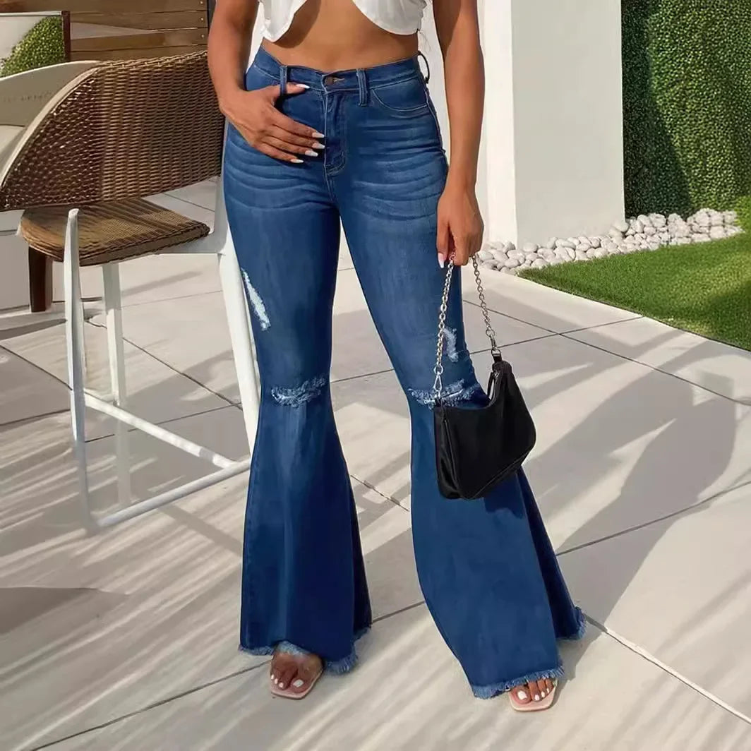 Flare Pants Ripped Jeans for Women Streetwear Mid Waist Stretch Washed Distressed Casual Denim Trousers Hole Boot Cut Mom 2025 Aviola