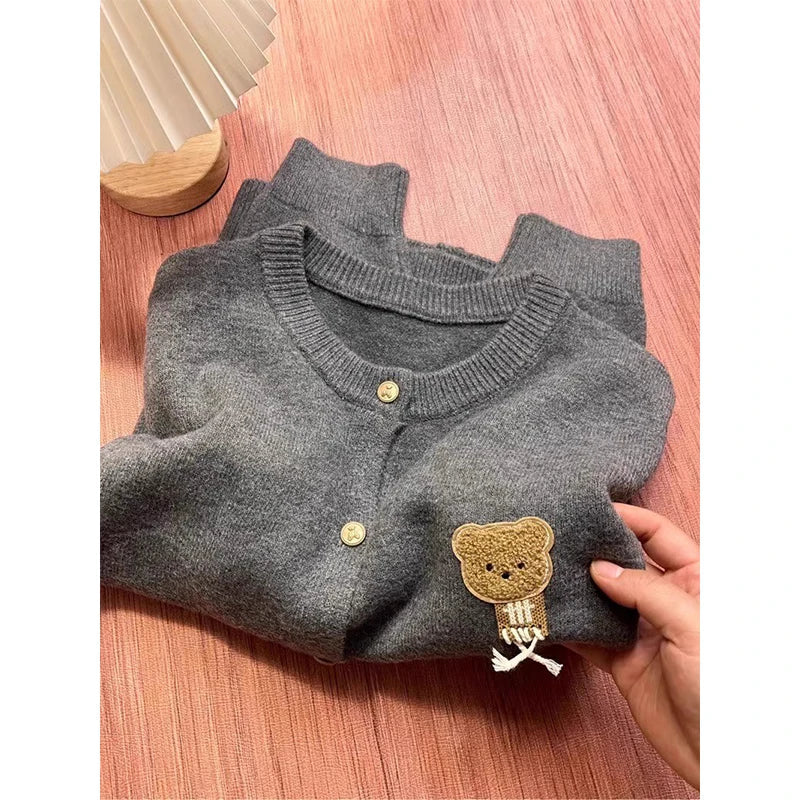MEXZT Kawaii Knitted Cardigan Women Korean Cartoon Bear Sweater Outerwear Preppy Cute Long Sleeve Knitwear Winter Casual Jumpers Aviola