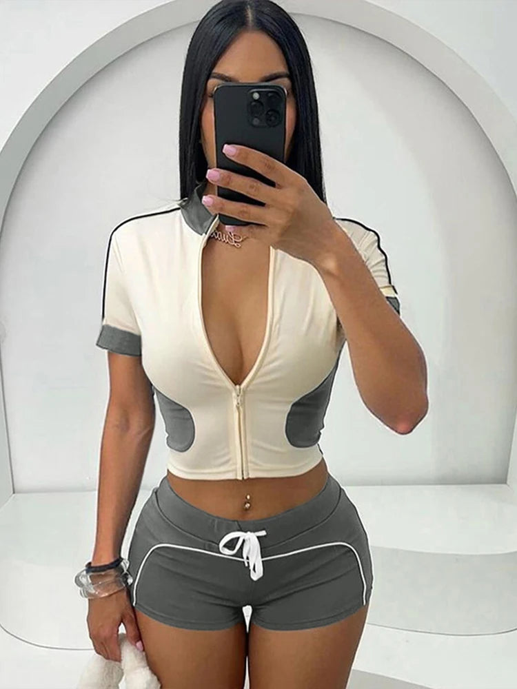 Nibber Summer Tracksuit Women 2 Piece Set Zip Patchwork Shorts Sleeve Crop Tops+Shorts Matching Sporty Skinny Stretch Outfits Aviola