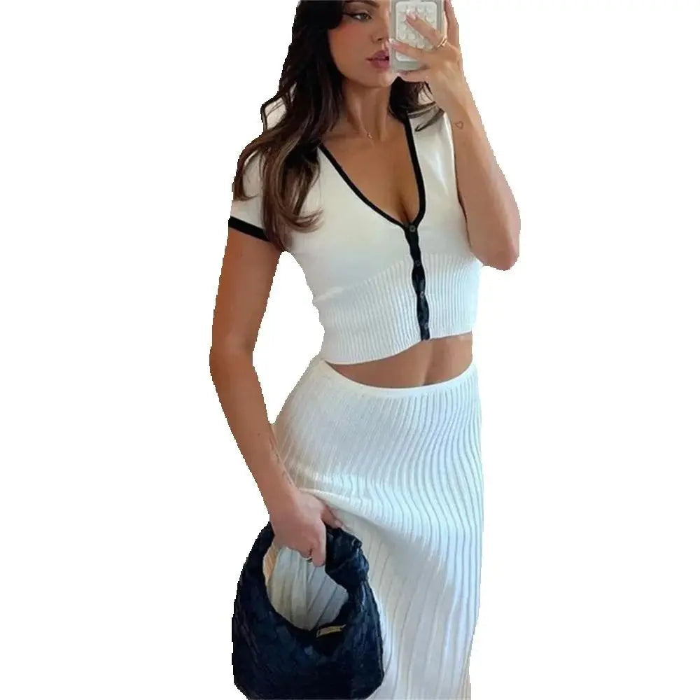 Nibber Daily Women 2piece Set v-Neck Single-Breasted Short Sleeves Mini Tops+Elasticated Waist Bottoms Temperament Classic Suits Aviola