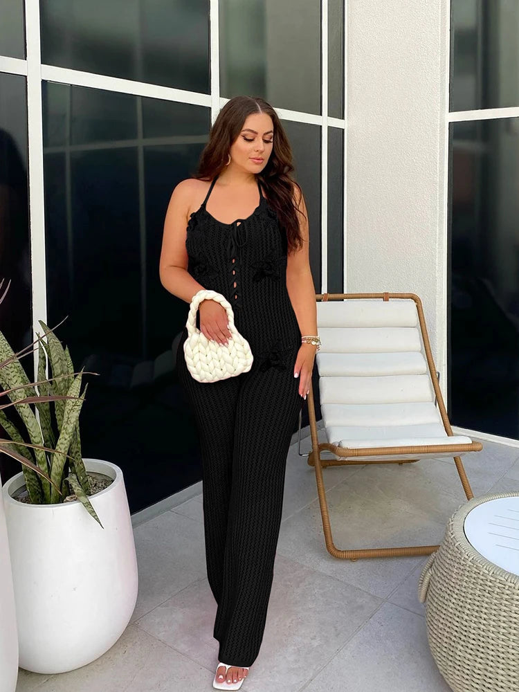 Nibber Knitted Lace-Up Jumpsuit Women Backless Halter Flower Applique Sleeveless 2025 Summer Vacation Trend Classic Overalls Aviola