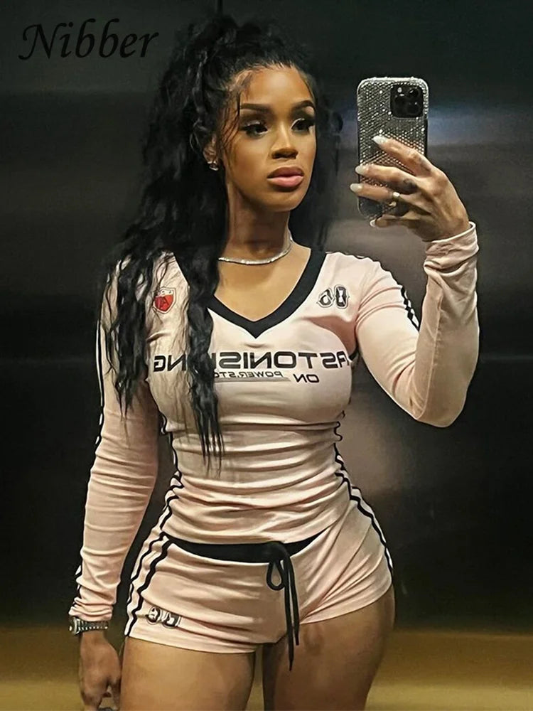 Nibber Women Tracksuit 2 Piece Set Stroke Tight Hipster Letter Print Sporty Casual Crop Tops+Shorts Vitality Matching Outfits Aviola