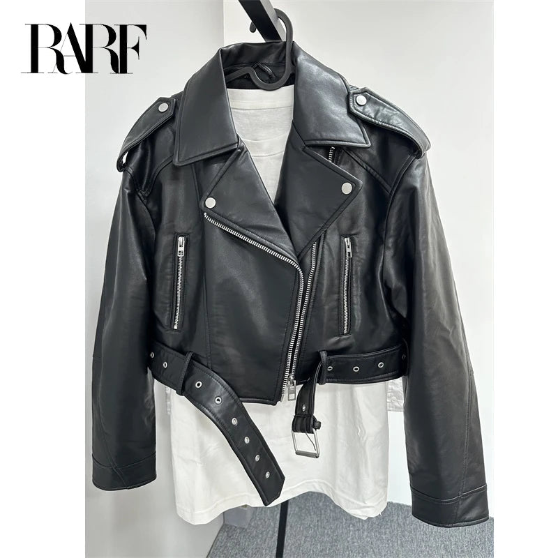 2024 RARF Women's washed leather jacket with belt, short coat with downgraded zipper and vintage lapel, e jacket Aviola
