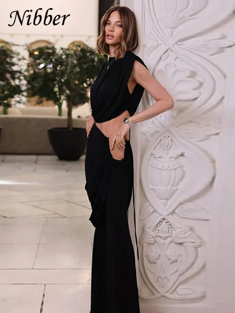 Nibber Classic 2 Piece Set Elegant Ruched Summer Women Chic Irregular Tank Tops+Skirts Pants Matching Casual Basic Streetwear Aviola