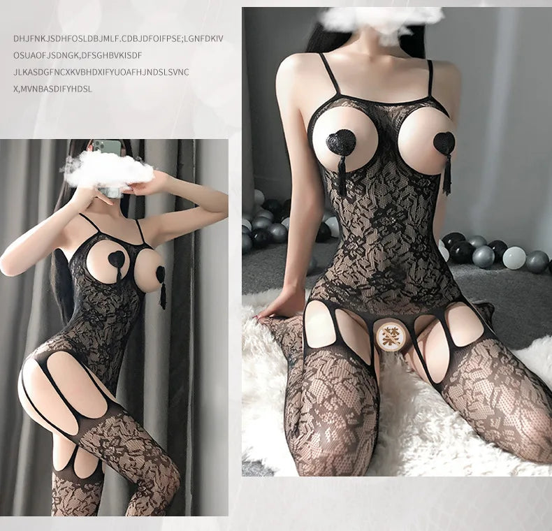 Plus Size Women Erotic Crotchless Lingerie Mesh Lace Floral Bra Set Black Sexy Fishnet Open Bra Bodystockings Porn Underwear Set Aviola