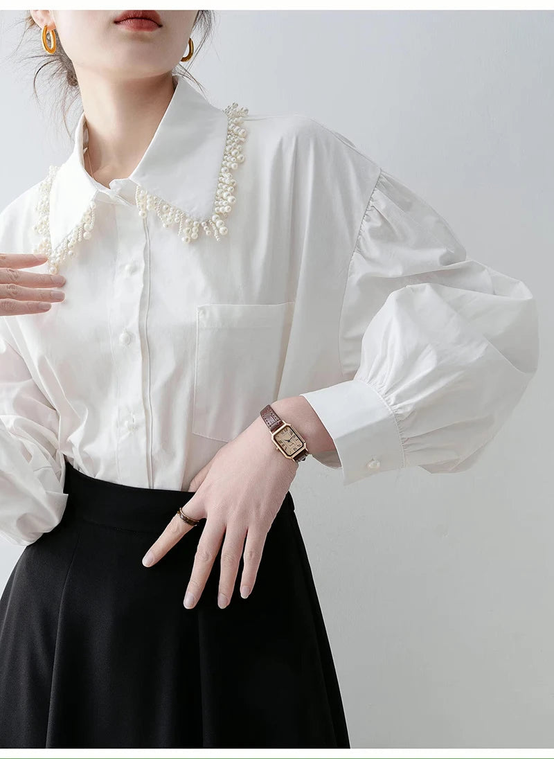 MEXZT Elegant White Shirts Women Fashion Beading Patchwork Blouses Office Ladies Korean Long Sleeve Pocket Design Casual Tops Aviola