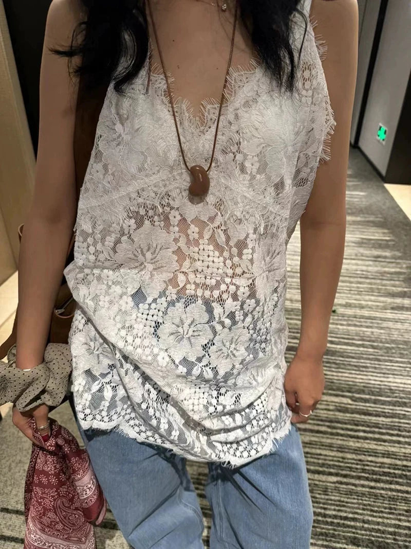 MEXZT Lace Sheer White Tank Top Women Y2K Sexy V Neck Black Camis Fashion Gyaru Streetwear Korean Hollow Out Design Casual Tees Aviola