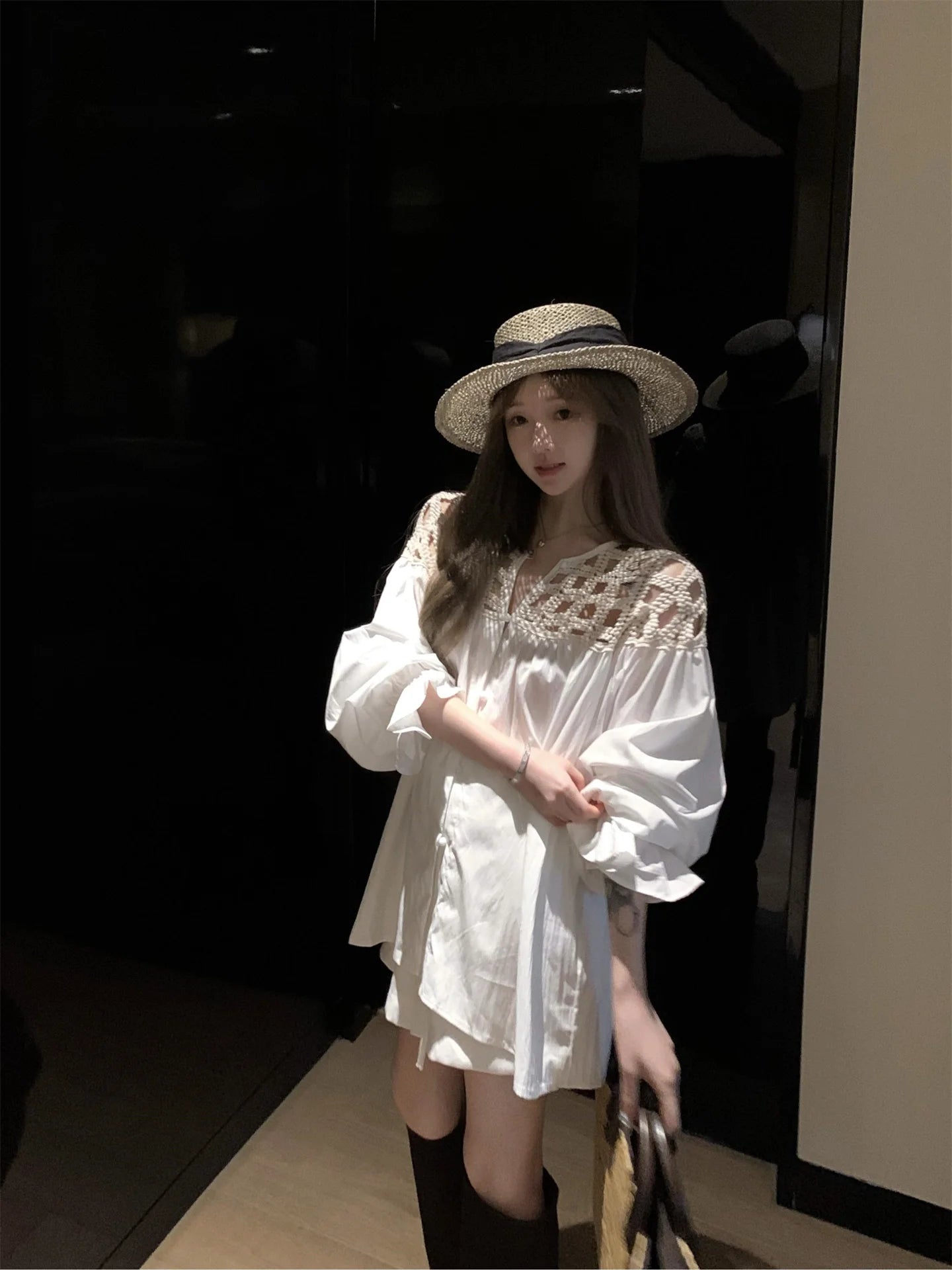 MEXZT Vintage White Shirts Women Streetwear Hollow Out Oversized Blouses Summer Ladies Korean Lantern Long Sleeve Casual Tops Aviola