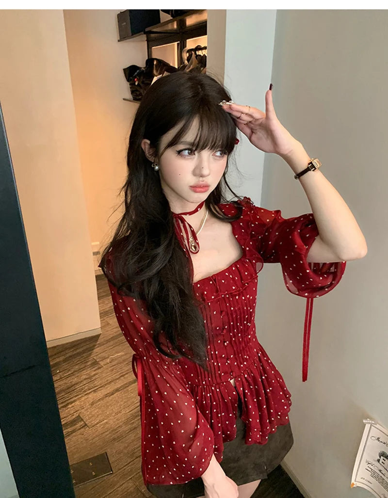 MEXZT Vintage Polka Dots Shirts Women Elegant Red Ruffles Lace Up Blouses Summer Korean Square Collar Long Sleeve Design Tops Aviola