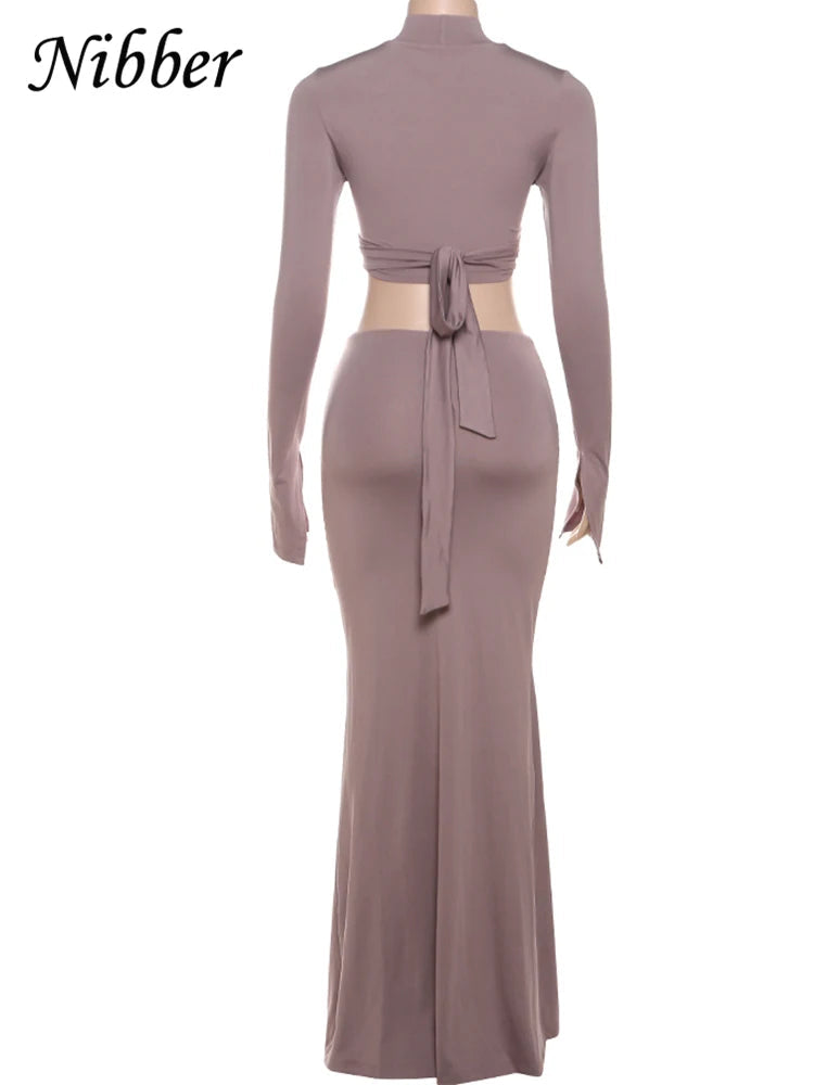Nibber Elegant Fall 2 Piece Set Women Hollow Cross Bandage Full Sleeve Crop Tops+Ruched Maxi Bodycon Skinny Trend Matching Suits Aviola