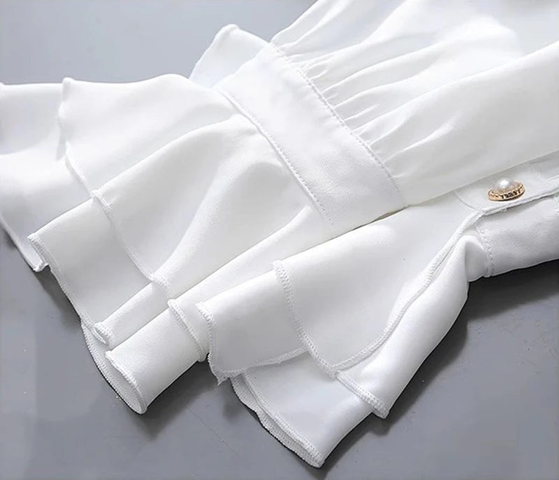 MEXZT Vintage White Shirts Women Elegant Ruffles Flare Long Sleeve Blouses Office Ladies Korean Single Breasted Design Chic Tops Aviola