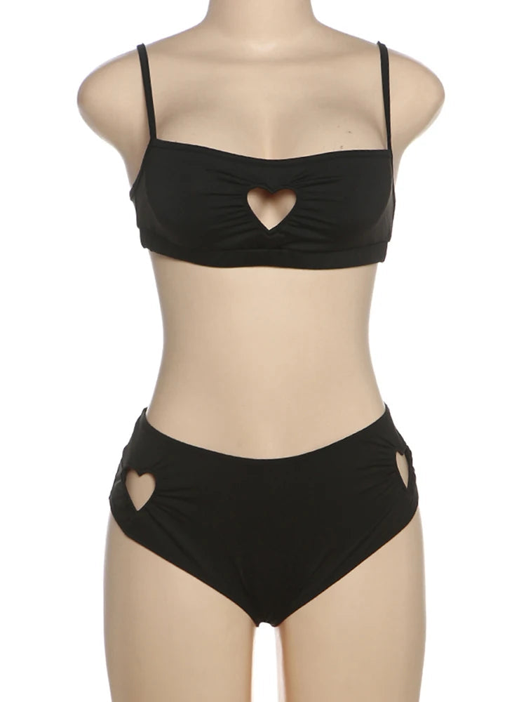 Nibber Sexy Heart Hollow 2 Piece Set Women Simple Vacation Camisole+Panties Beach Style Matching Stretch Street Comfortable Suit Aviola
