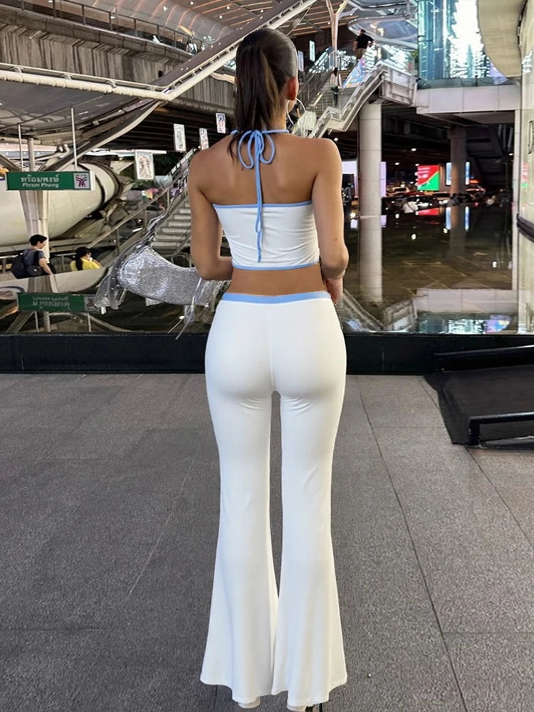 Nibber Fad Casual Letter Print 2 Piece Set Women Halter Bandage Crop Tops+Drawstring Stretch Flare Pants Vacation Simple Suits Aviola