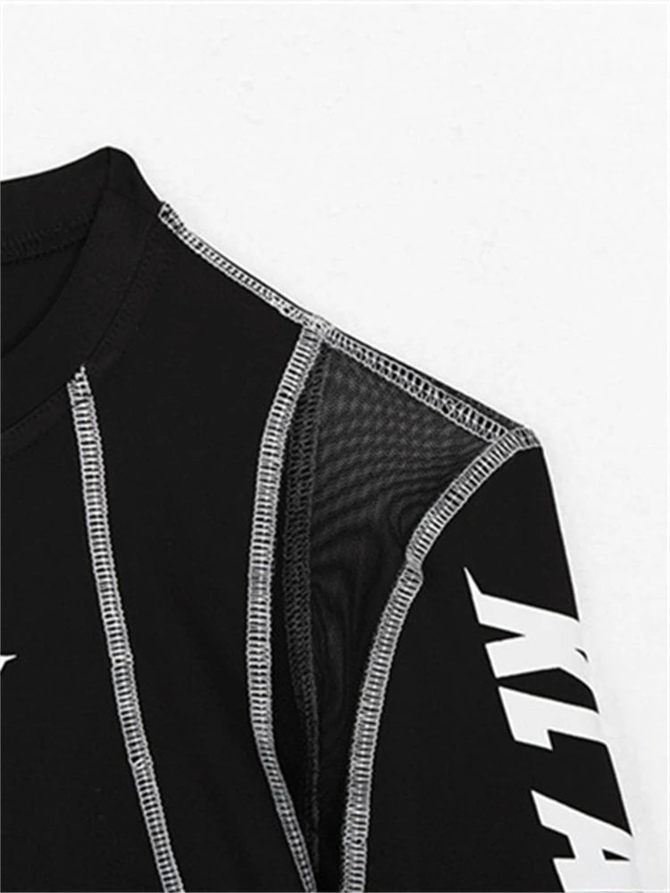 Nibber Mesh Patchwork Letter Print Bodysuits Women Full Sleeve Turtleneck Biker New Fashion Female Top Street Casual Rompers Aviola