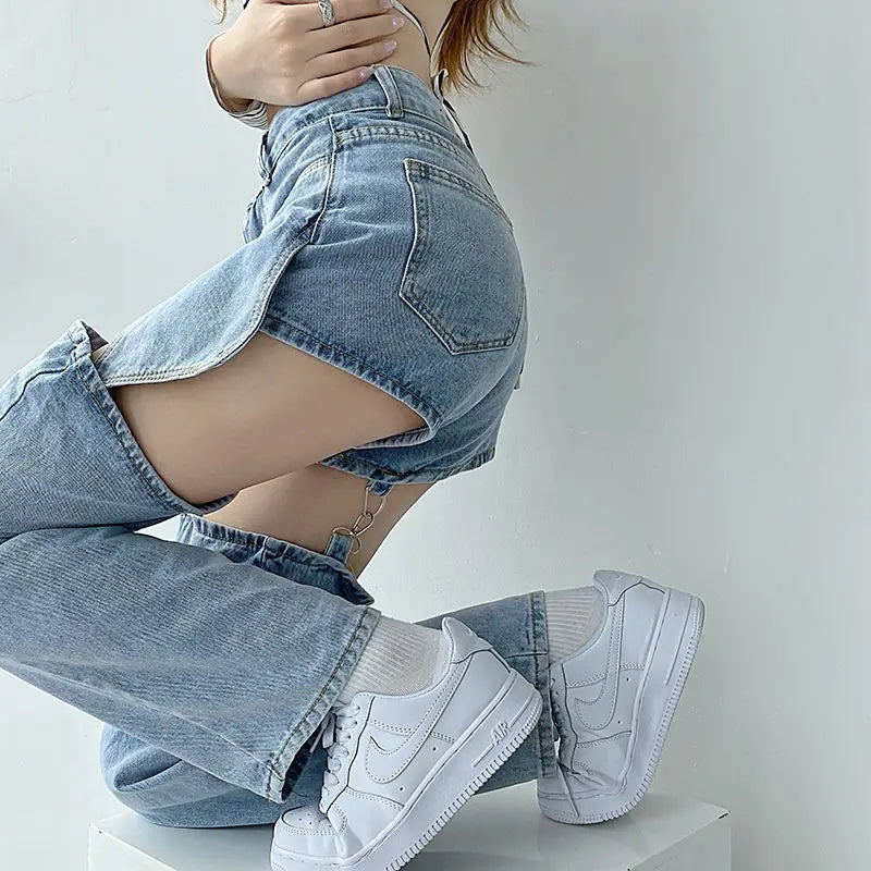 Denim Pant Women Jeans Wide Leg Long Pants Hole Two Fakes High Waist Straight Trousers Y2k Streetwear Elegant Work Summer Aviola