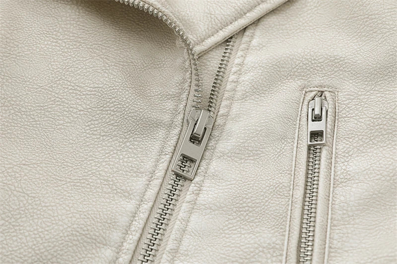 Chaqueta de cuero lavado con cinturón para mujer, abrigo corto con cremallera degradada y cuello vuelto Vintage, chaqueta elegan Aviola