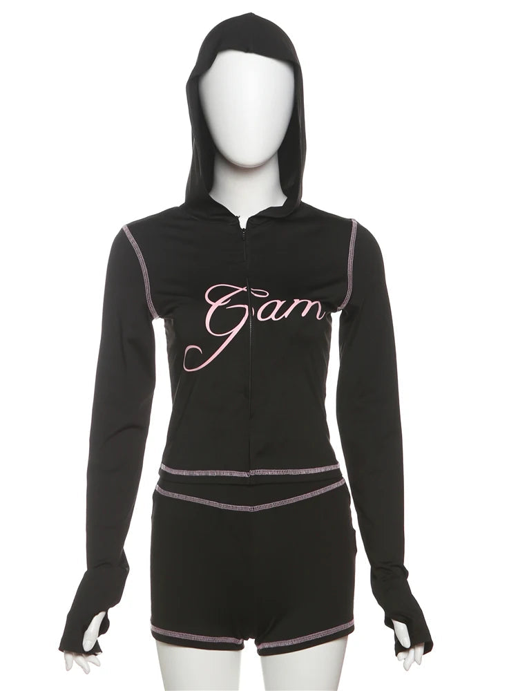 Nibber Summer swee Sporty Women Tracksuit 2 Piece Set Lettert Zip Hooded Jacket+Biker Shorts Matching Stretch Activity Suits Aviola