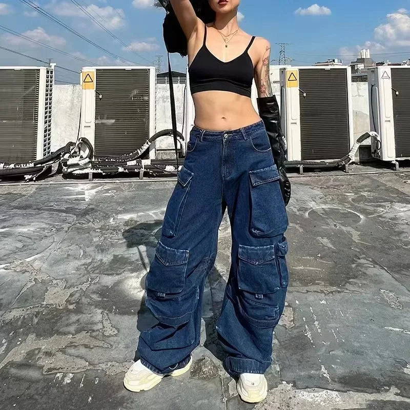 Women Jeans Denim Cargo Pants Long Pant Wide Leg High Waist Button Pockets Streetwear Y2k Mom Straight Trousers Casual Loose Aviola