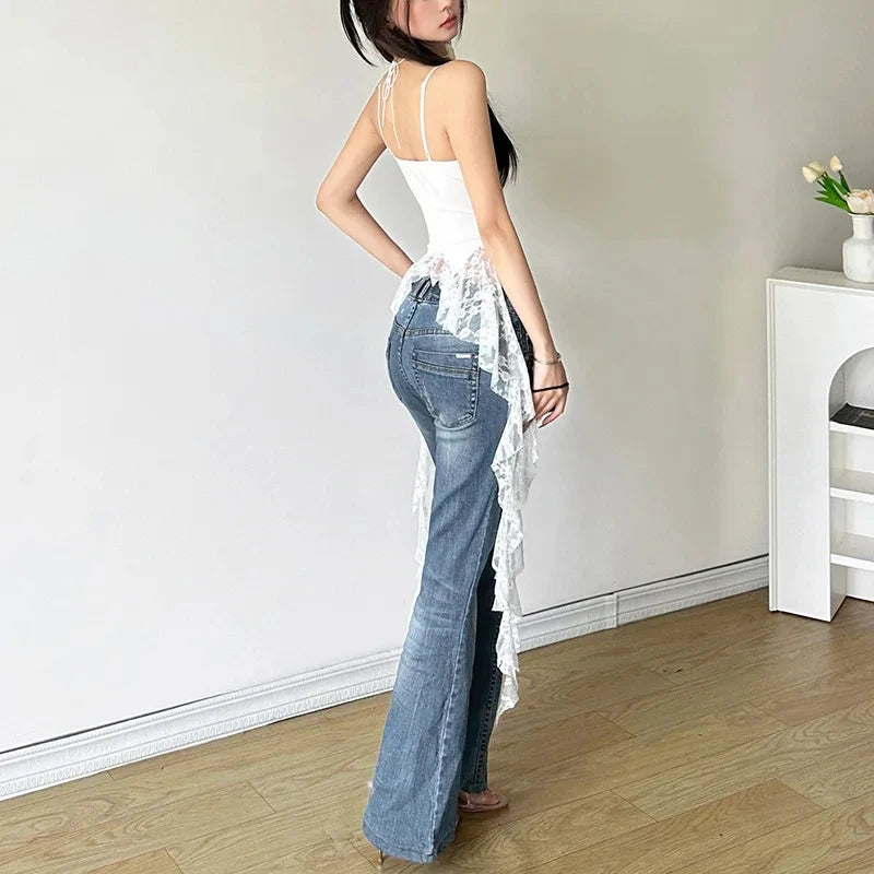 MEXZT Y2K Irregular White Tank Top Women Sexy Lace Ruffles Backless Black Corset Summer Gyaru Streetwear Grunge Bandage Camis Aviola