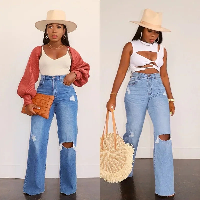 Women Jeans Ankle Length Holes Loose Flat Straight Mom Pants Zipper Fly Pockets Solid Color High Street Slight Strech Denim Aviola