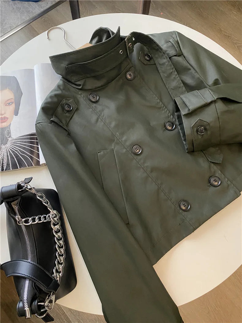RARF 2024 autumn new women's fashion pocket double breasted waxed leather short trench coat women's top coat Aviola
