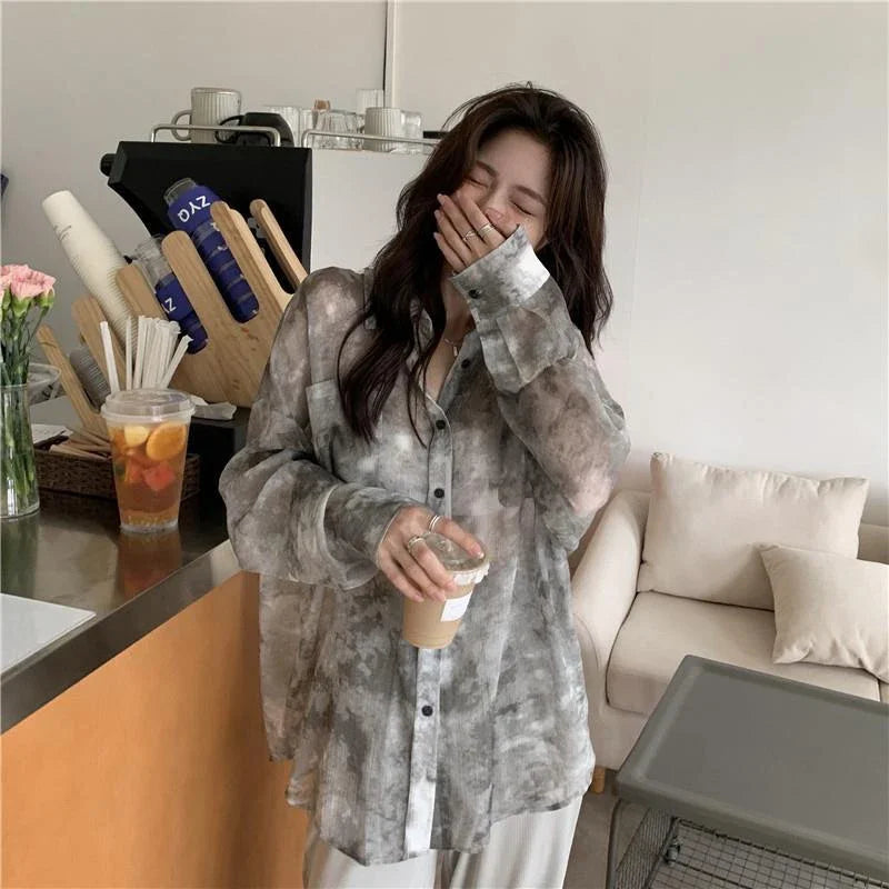 MEXZT Streetwear Tie Dye Shirts Women Harajuku Oversized Sun Proof Blouses Korean Vacation Beach Long Sleeve Sunscreen Tops New Aviola