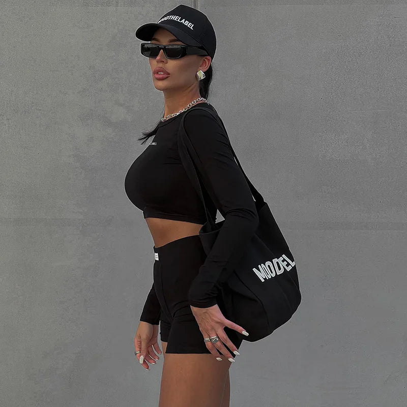 Round Neck Long Short sleeved 3/4 Shorts Two piece Women's Fashion Sports Versatile Set Aviola