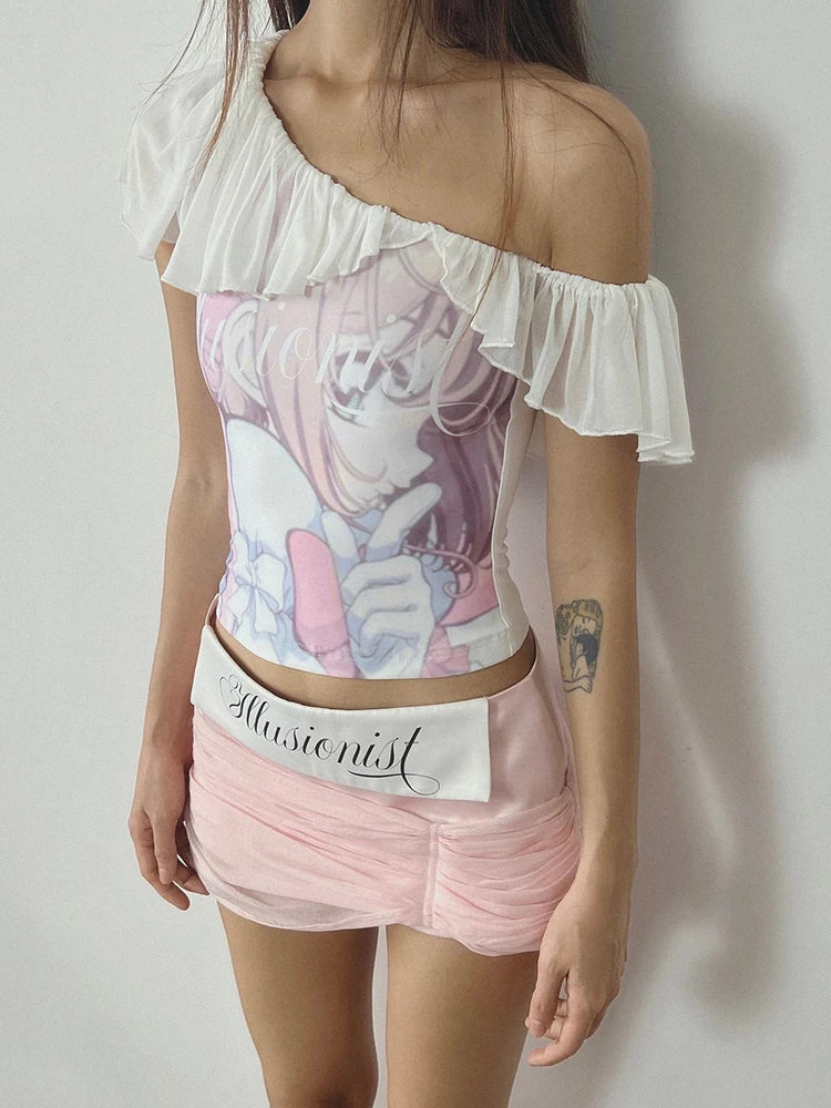 Nibber Backless Cartoon Print T-Shirts Women Ruched Skew Collar Off Shoulder Y2K Sweet Style Street Fashion Elegant Thin Outfits Aviola