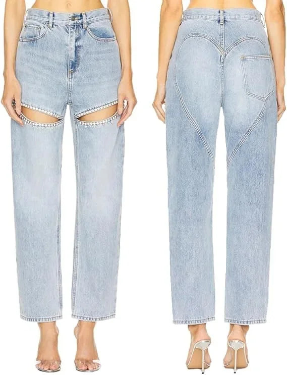 Denim Jeans for Women Streetwear Straight Pants Hole Diamonds Mid Waist Washed Distressed 2025 Casual Mom Ankle Length Trousers Aviola