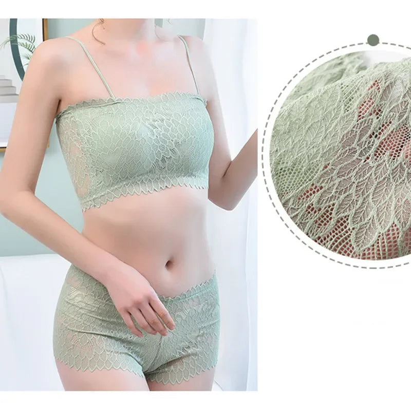 Women Lace Tube Bra and Panty Set Wireless Underwear Summer Padded Bralette Female Sexy Lingerie Low Rise Briefs Aviola