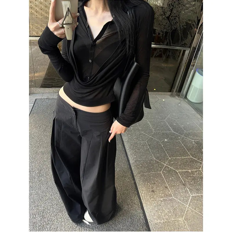 MEXZT Y2K Coquette Black T Shirts Women Sexy Cropped V Neck Sheer Tops Gyaru Aesthetic Korean Fake Two Piece Long Sleeve Tees Aviola
