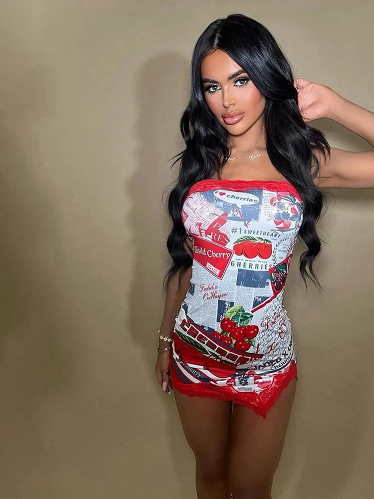 Nibber Lace Cherry Print Women Dress Birthday Party Y2K Sexy Sleeveless Summer  Split Tight Stretch Midnight Clubwear Bodycon Aviola