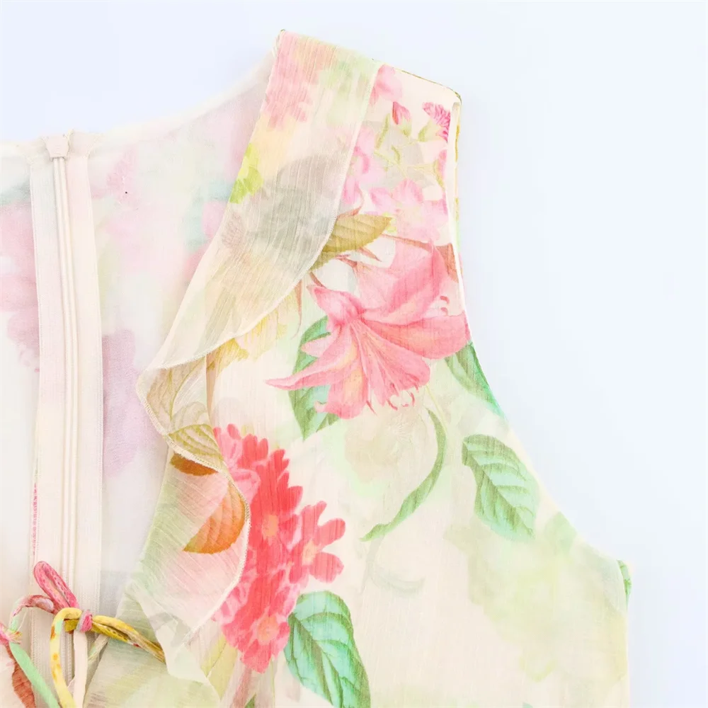 BM&MD&ZA2025layered decorative V-neck sleeveless flower print waistless design dress A-line skirt summer new women's clothing Aviola