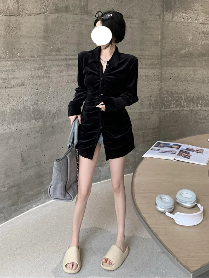 MEXZT Vintage Shirts Women Black Velvet Pleated Blouses Korean Elegant Folds Turn Down Collar Long Sleeve Slim Chic Casual Tops Aviola