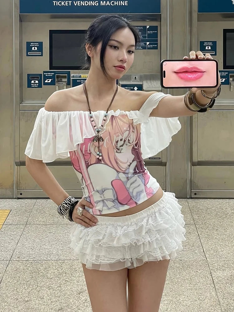 Nibber Backless Cartoon Print T-Shirts Women Ruched Skew Collar Off Shoulder Y2K Sweet Style Street Fashion Elegant Thin Outfits Aviola