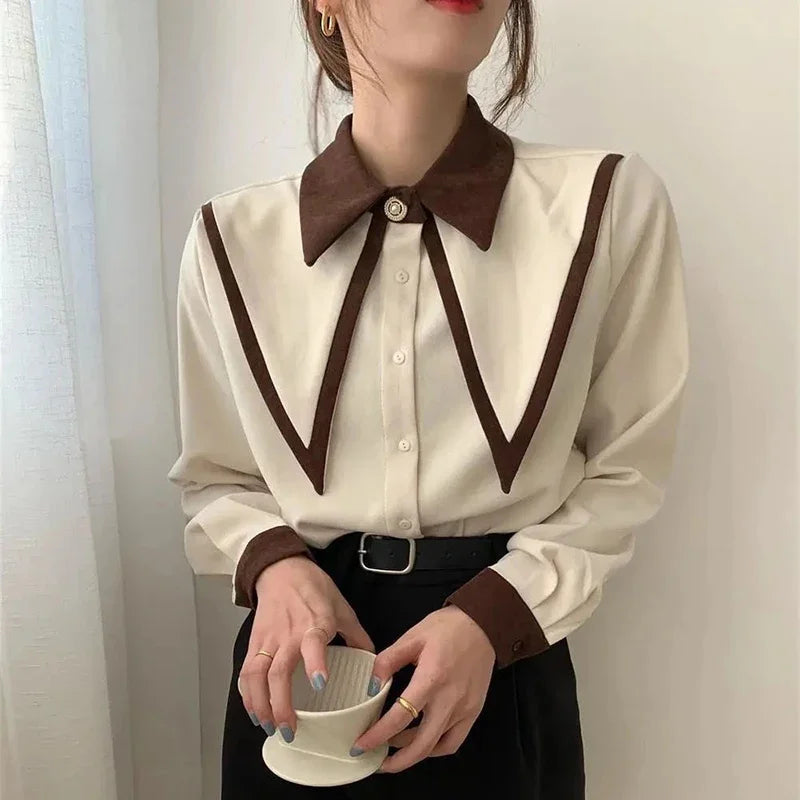 MEXZT Vintage Elegant Shirts Women Chiffon Patchwork Ruffle Turn Down Collar Long Sleeve Blouse Korean Office Lady Loose Tops Aviola