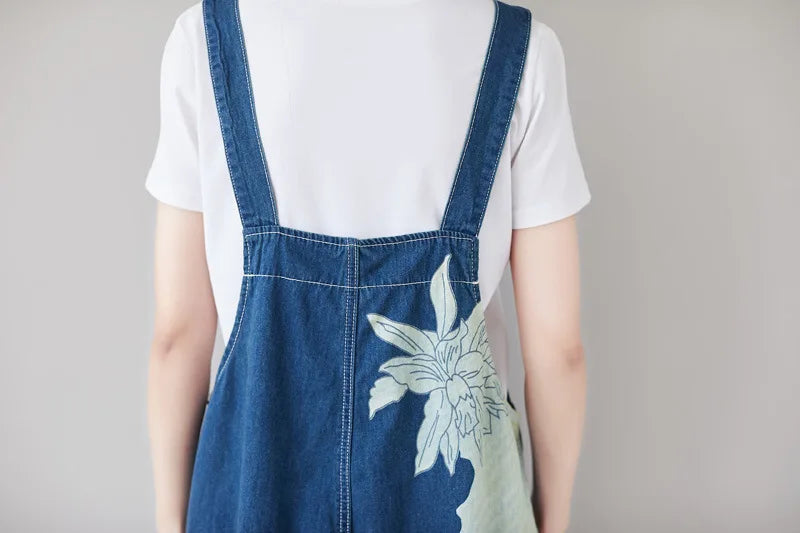 Ankle Length Denim Overalls Women Jeans Spliced Wide Leg Pants Streetwear Washed Jean Loose Fit Pockets 2024 Print Summer Aviola