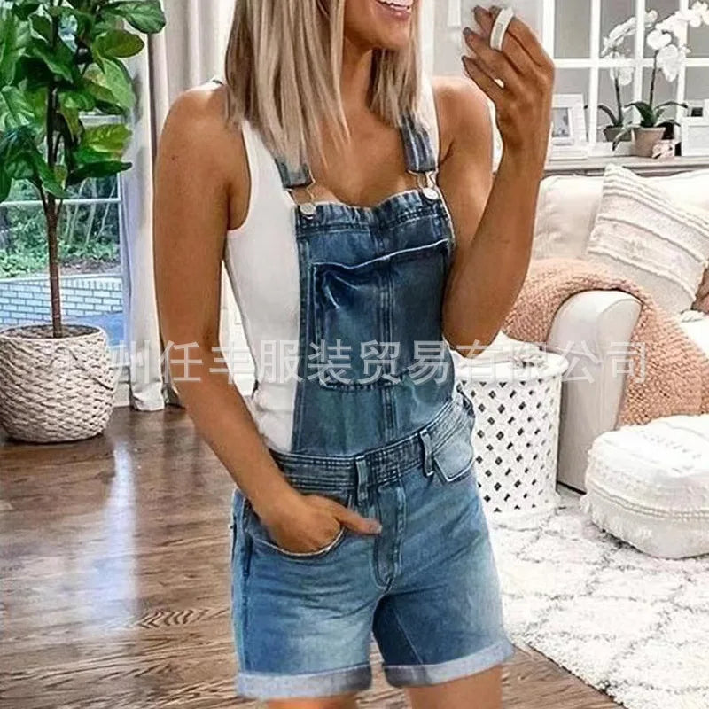 Women Rompers Jeans Jumpsuits One Piece Overalls Washing Denim Shorts Button Loose Casual Pockets Knee Length 2024 Summer Aviola