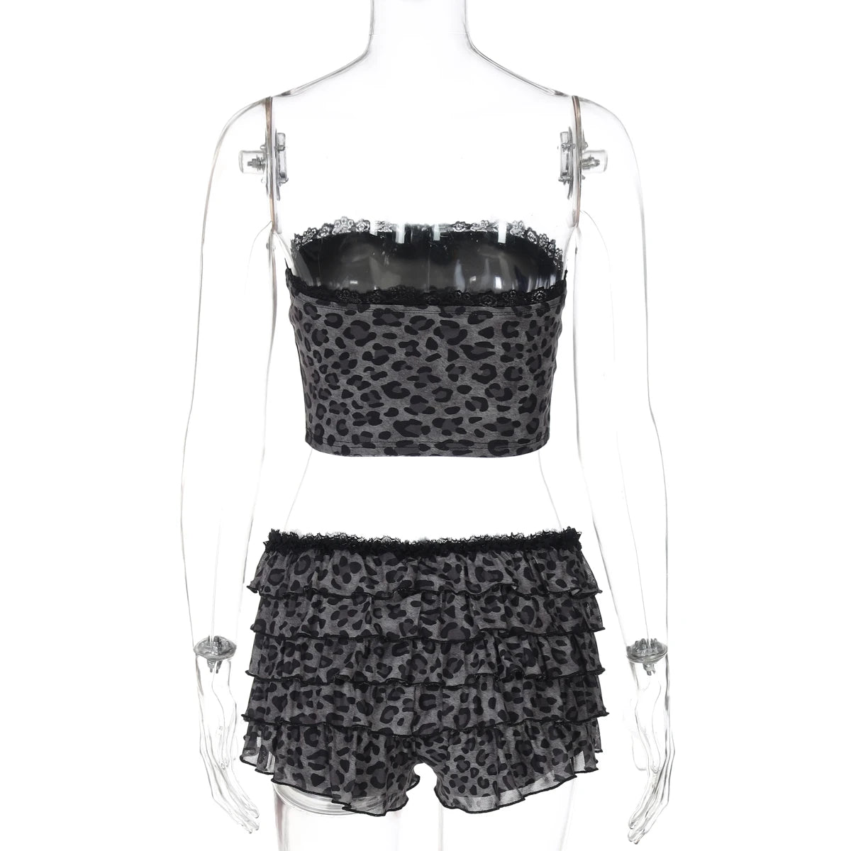 Nibber Sexy Leopard Print 2 Piece Set Women Mesh Patchwork Strapless Tops+Ruched Tierred Shorts  Hottie Street Hipster Suits Aviola