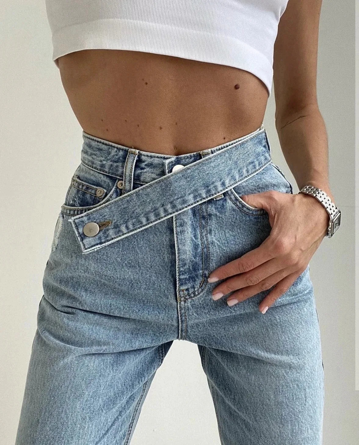 Spliced Wide Leg Denim Pants Women Ankle Length Jean Solid Loose Pockets High Waist Washed Vintage Jeans Zipper Fly Basics 2024 Aviola