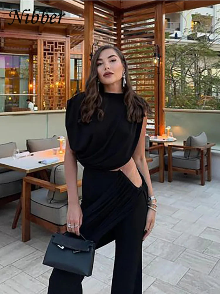 Nibber Classic 2 Piece Set Elegant Ruched Summer Women Chic Irregular Tank Tops+Skirts Pants Matching Casual Basic Streetwear Aviola