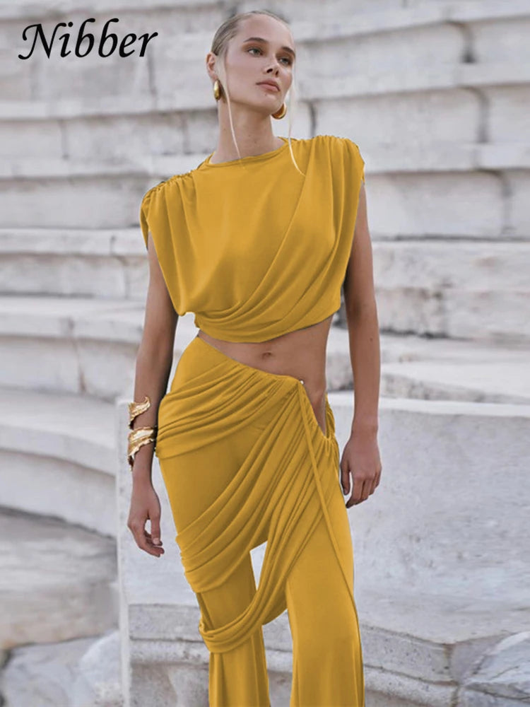 Nibber Classic 2 Piece Set Elegant Ruched Summer Women Chic Irregular Tank Tops+Skirts Pants Matching Casual Basic Streetwear Aviola