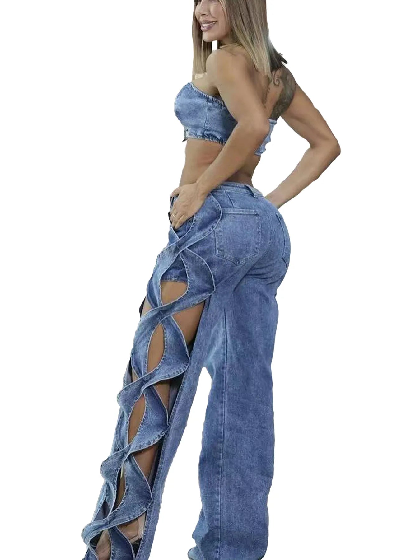 Denim Pant Women Jeans Long Pants Hollowed Out High Waist Straight Trousers Y2k Streetwear Casual Mom Jeans Night Club Summer Aviola