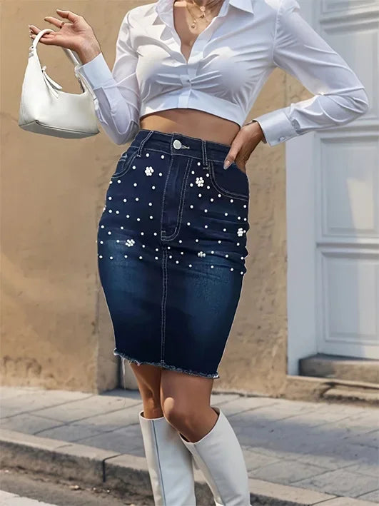 Denim Skirts for Women Sexy Hip Skirt Embroidered Flares Washed Distressed Pockets Slim High Waist 2025 Y2k Mom Jeans Streetwear Aviola