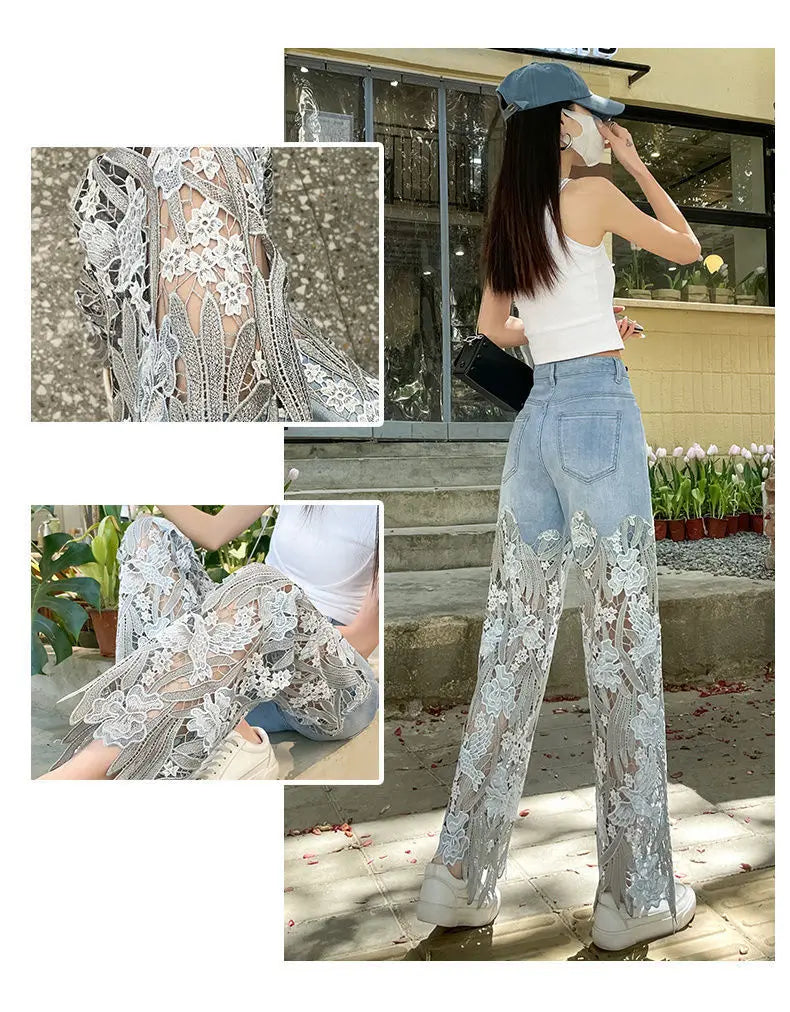 Denim Pant Women Jeans Hollow Out Floral Long Pants Slim Lace High Waist Straight Trousers Y2k Streetwear Splice Mom Party Club Aviola